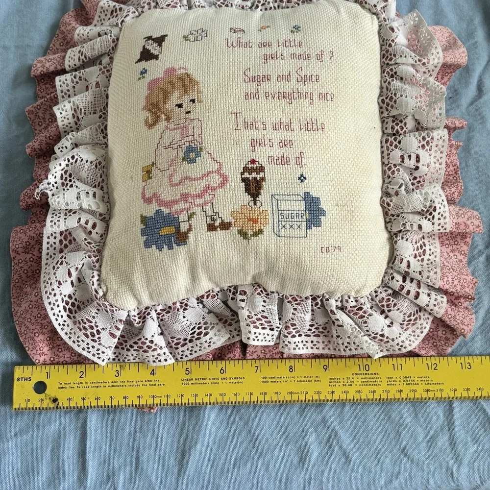 Vintage Handmade‎ Nursery Rhyme Pillow Embroidered Characters Little Girls  70's